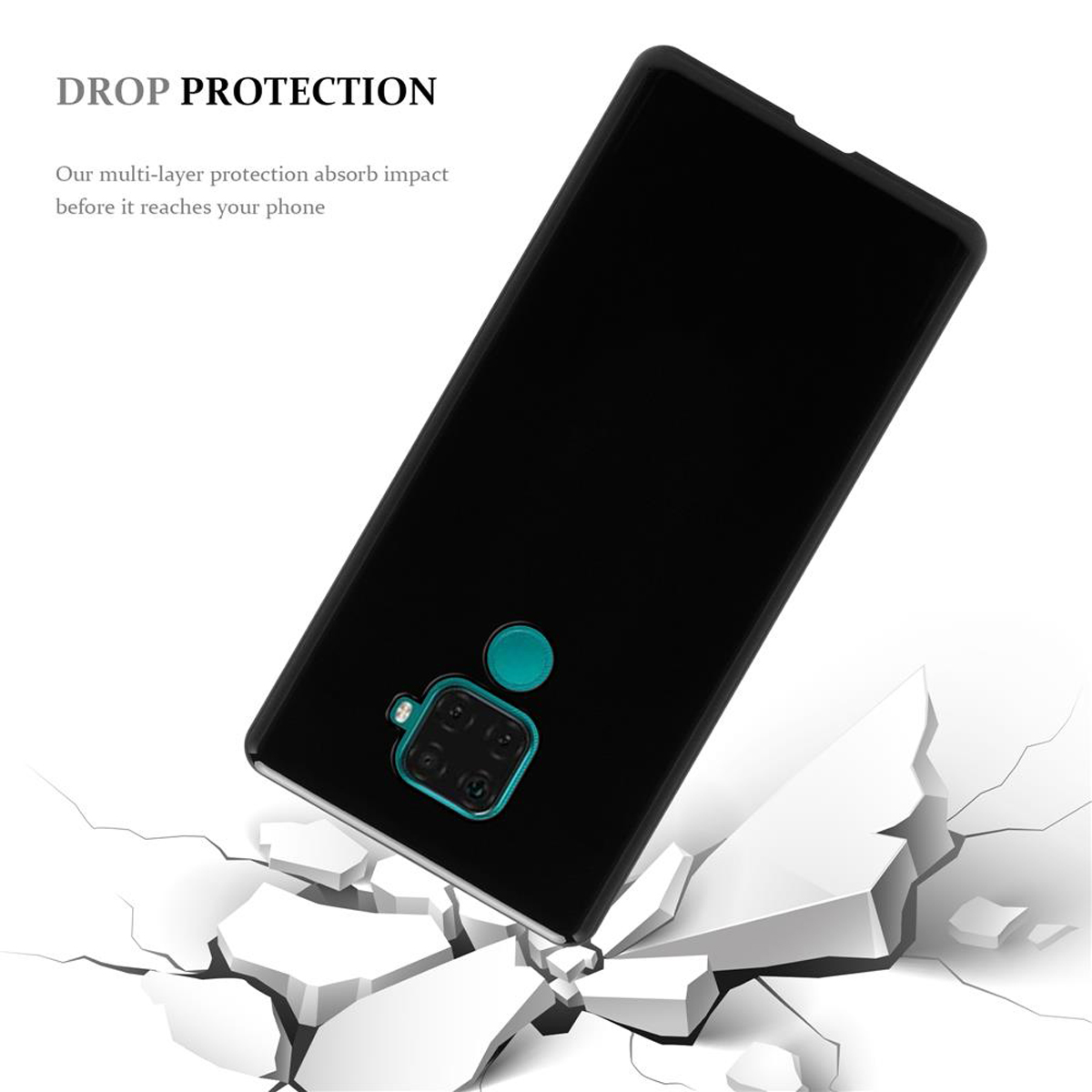 Eine schwarze Handyhülle mit einem Telefon darauf. Das Telefon liegt auf einer zerbrochenen weißen Oberfläche. Text: Drop Protection.