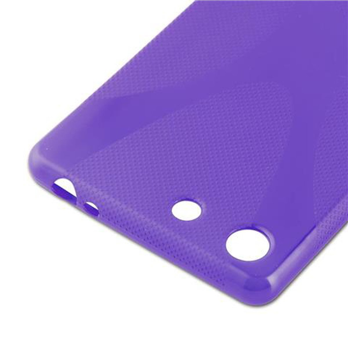 Una funda de teléfono púrpura con tres agujeros. La funda tiene una textura punteada.