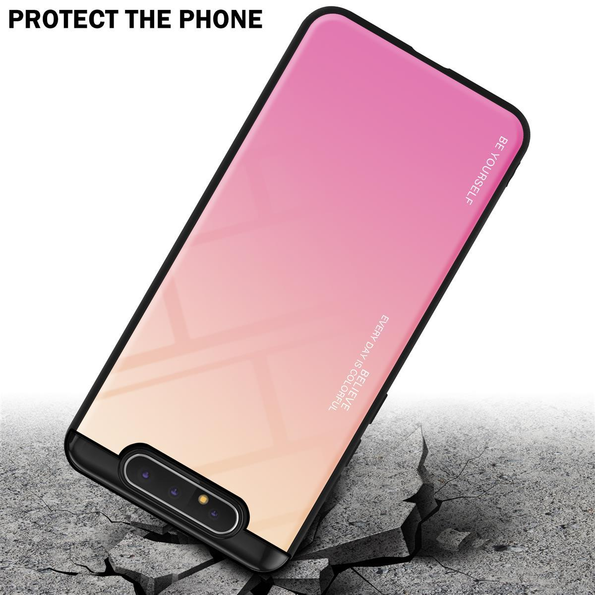 Una custodia per telefono che cade, con una sfumatura rosa e pesca. Il testo dice 'PROTECT THE PHONE'.