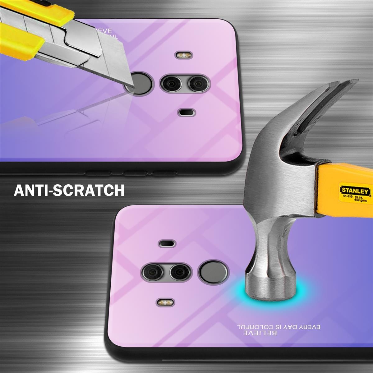 Handyhülle wird getestet. Ein Teppichmesser und ein Hammer sind darauf. Kratzschutz.