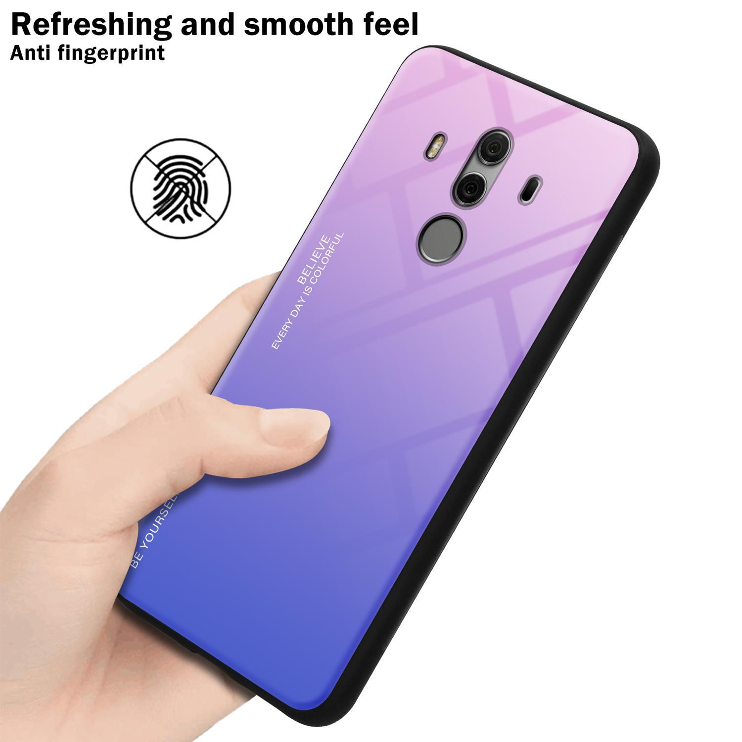 Hand hält ein Telefon mit einer lila bis blauen Farbverlaufshülle. Fingerabdruck-Symbol oben links.