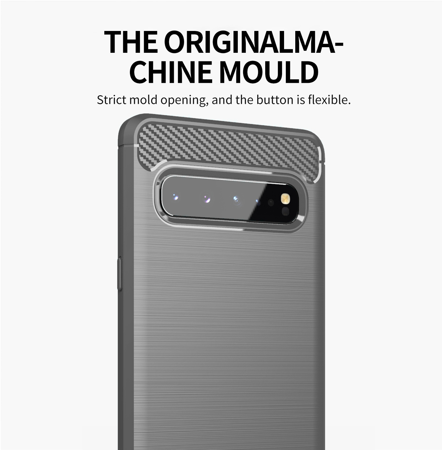 Primo piano di una custodia per telefono grigia con retro strutturato, con ritaglio per fotocamera e il testo 'The Original Machine Mould'.