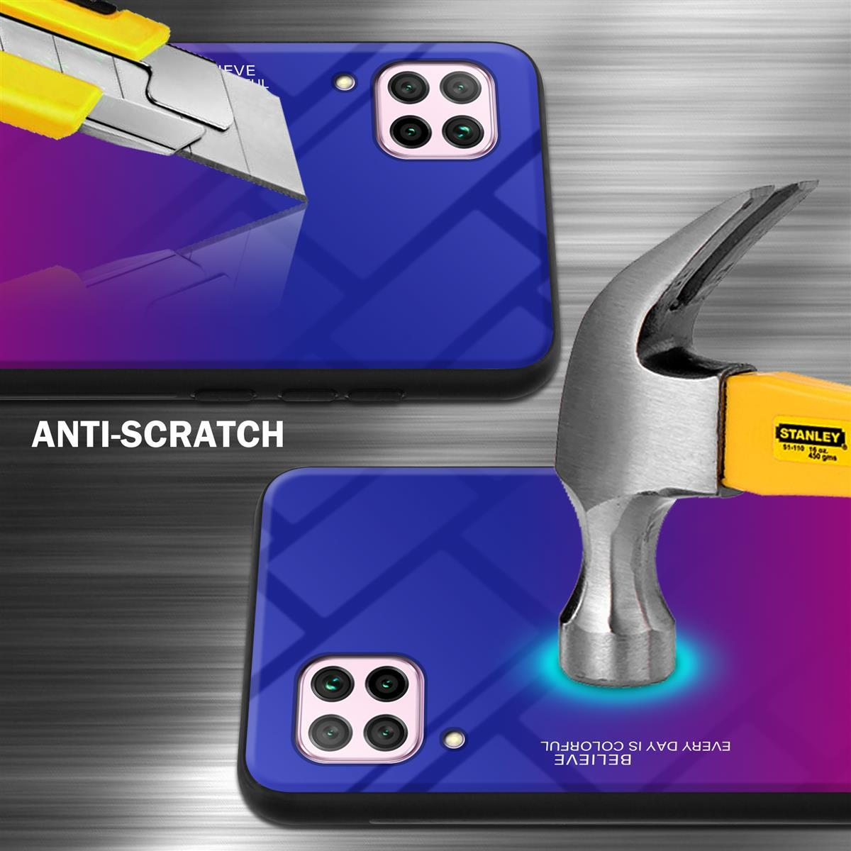 Un telefono viene colpito con un martello. Anti-graffio viene visualizzato sull'immagine. Telefoni in viola e blu.