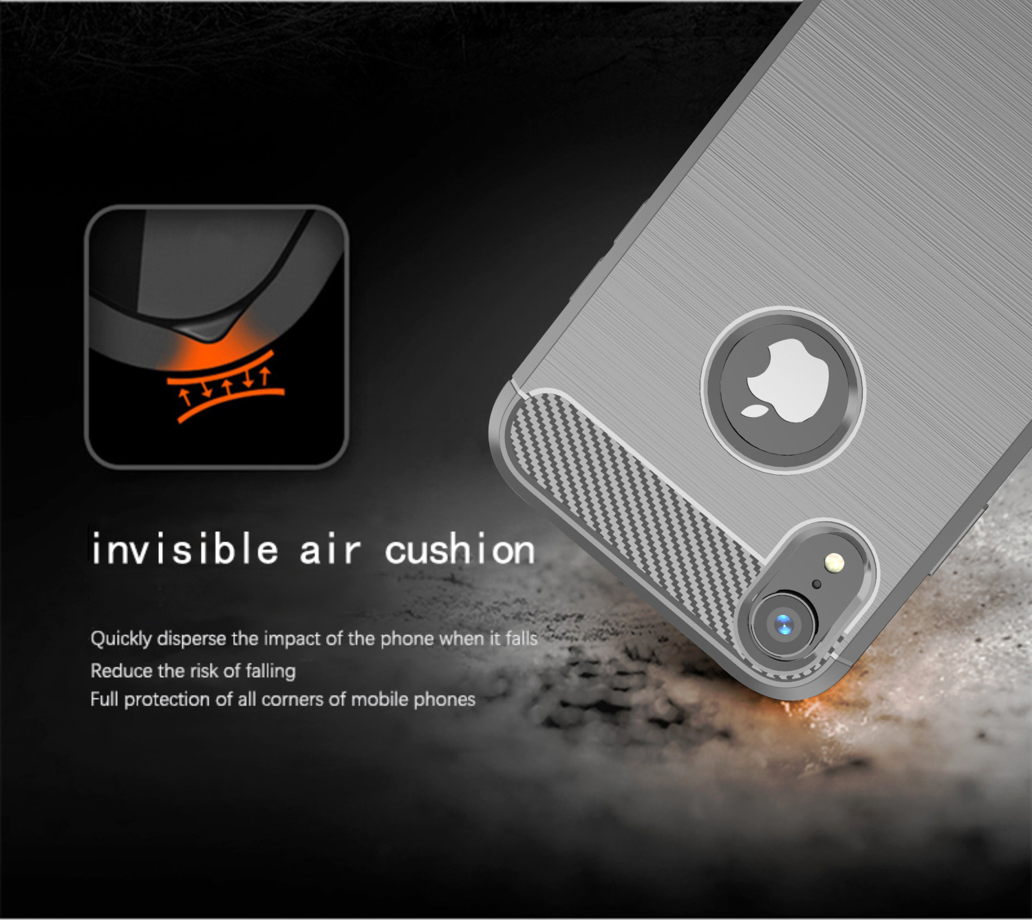 Una custodia per telefono con texture grigia e logo Apple viene mostrata con il testo 'invisible air cushion'.
