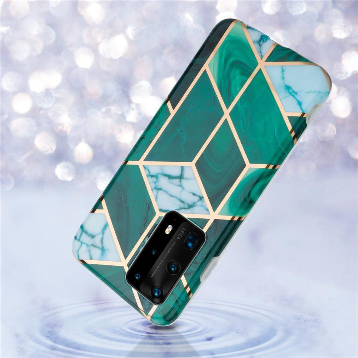 Custodia per telefono verde con design geometrico. Design verde e oro. Sfondo bianco.