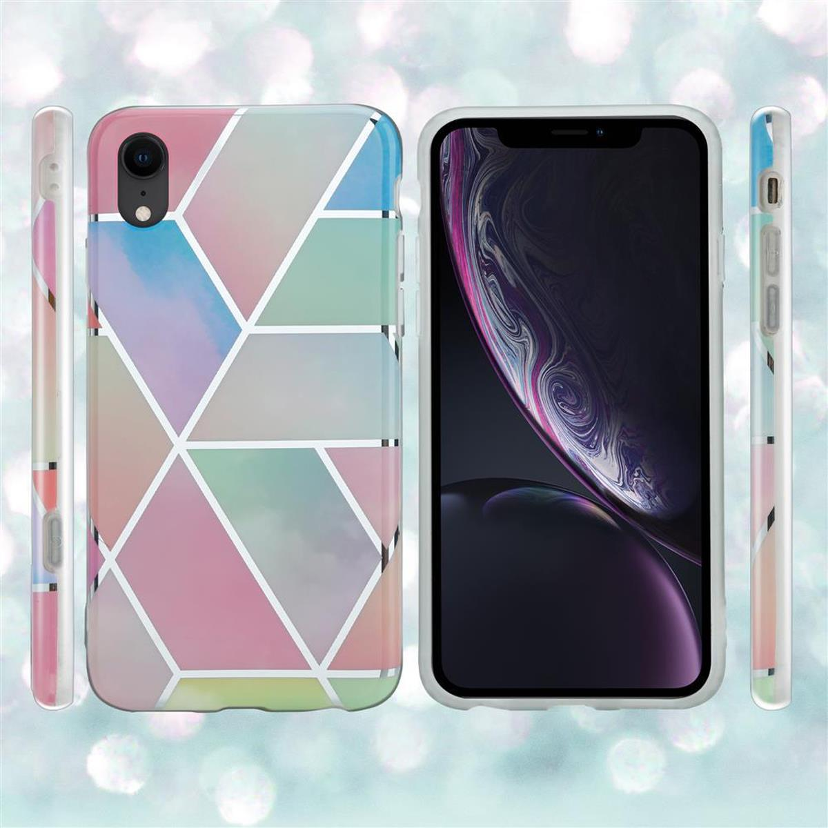 Smartphone mit geometrisch gemusterter Hülle in Regenbogenfarben. Das Telefon ist eingeschaltet, der Homescreen wird angezeigt.
