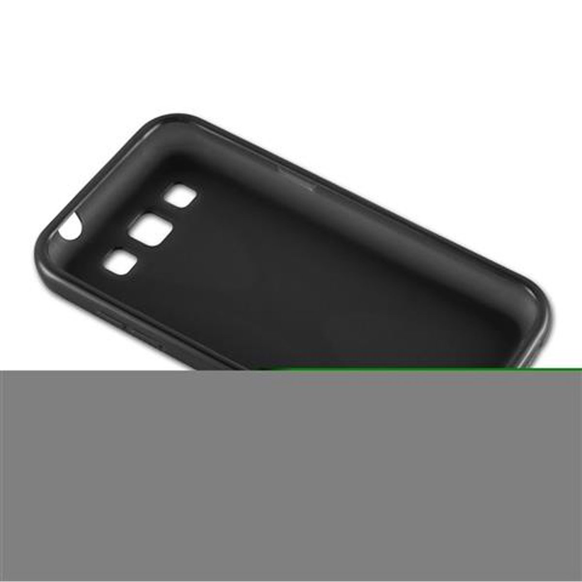 L'interno di una custodia per telefono nera con ritagli per la fotocamera e le porte.