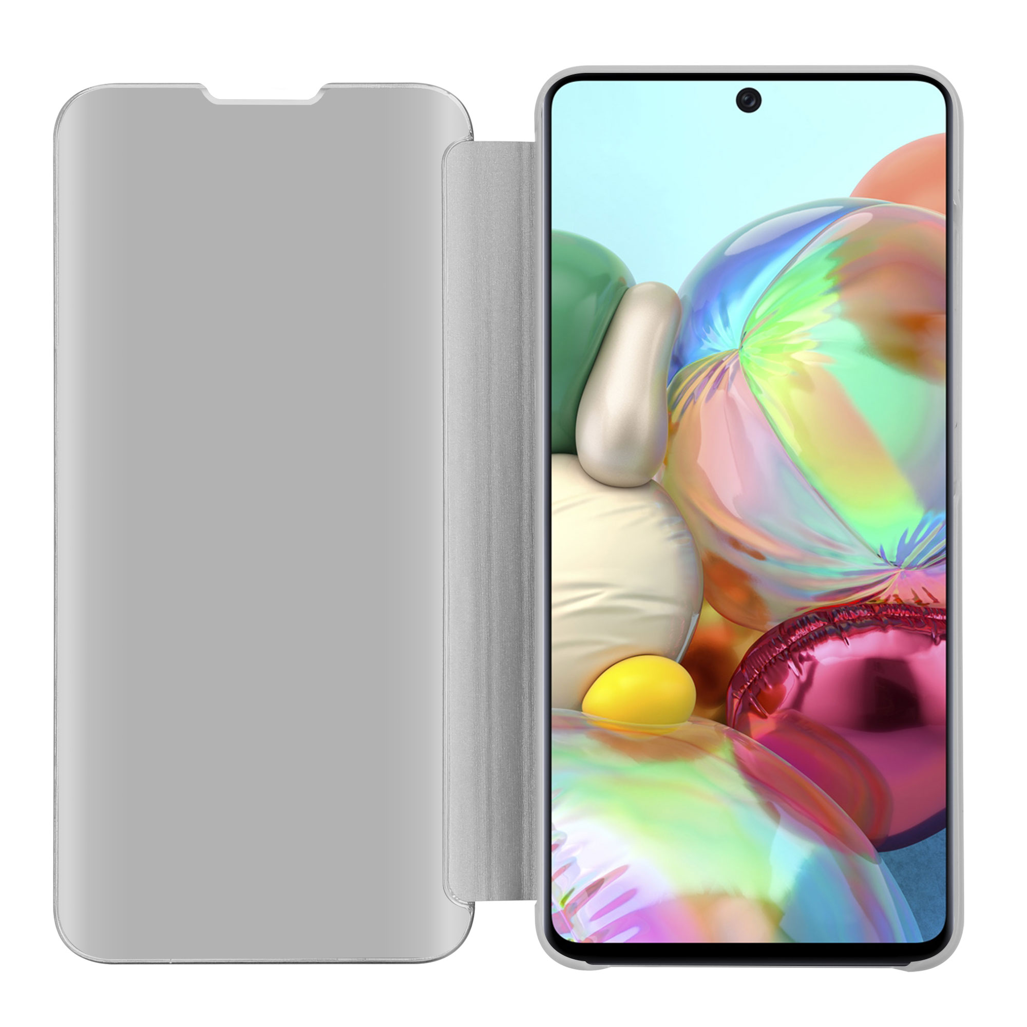 Silberne Handyhülle mit Telefon. Der Bildschirm ist eingeschaltet und zeigt Farben und Formen. Weißer Hintergrund.
