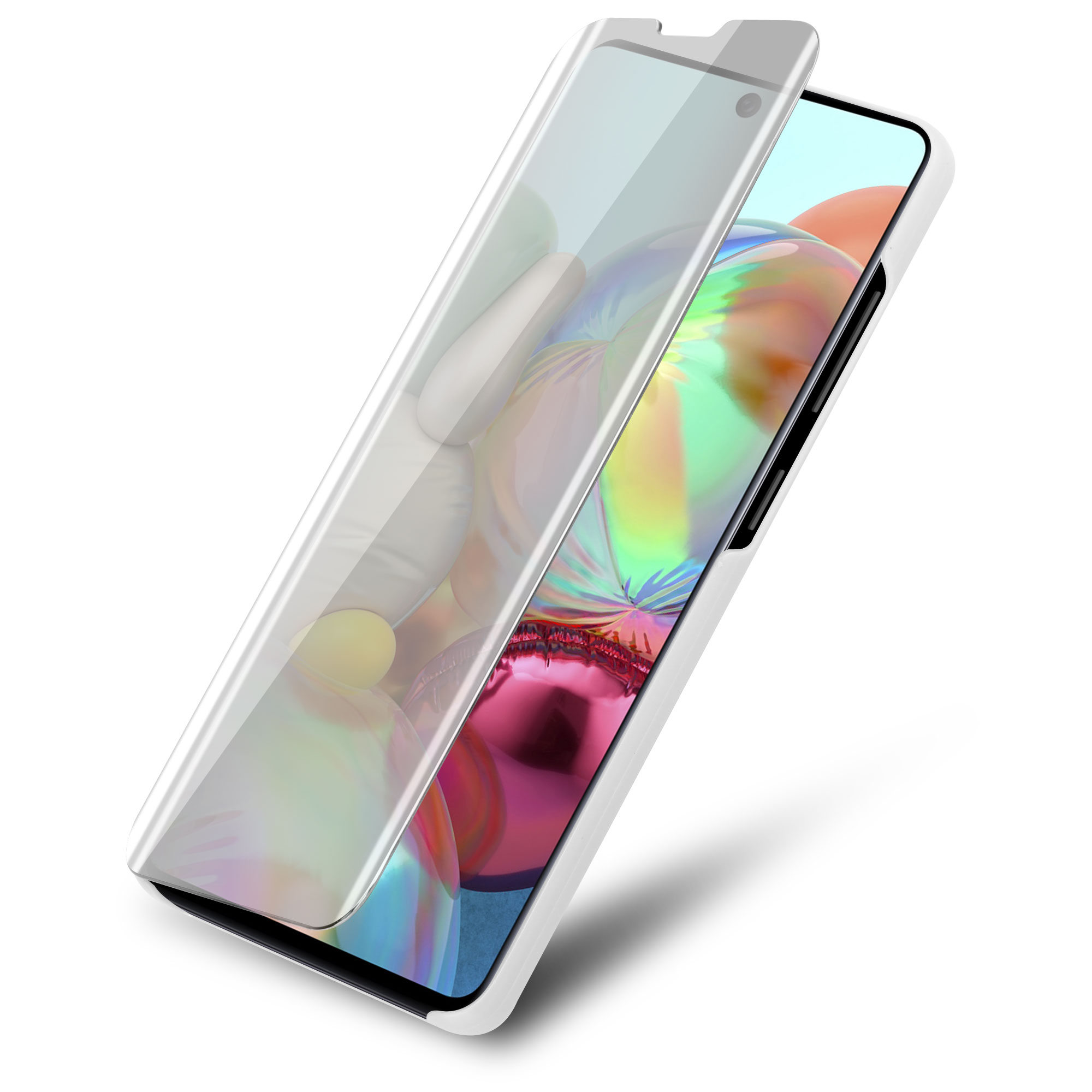Weißes Telefon mit Displayschutz, schräge Ansicht.