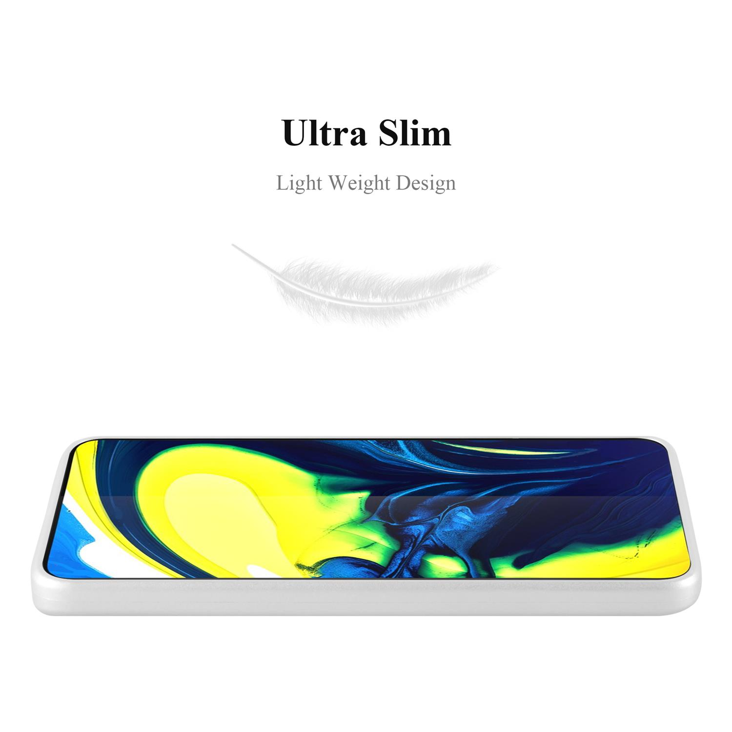 Una custodia per telefono bianca ultrasottile con una grafica a forma di piuma sopra.
