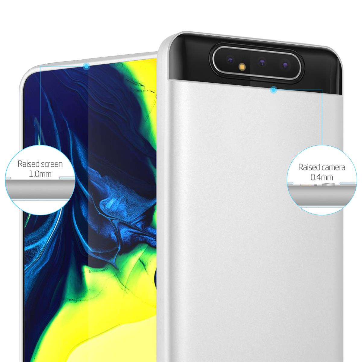 Custodia bianca per telefono con telefono bianco, schermo e fotocamera rialzati.
