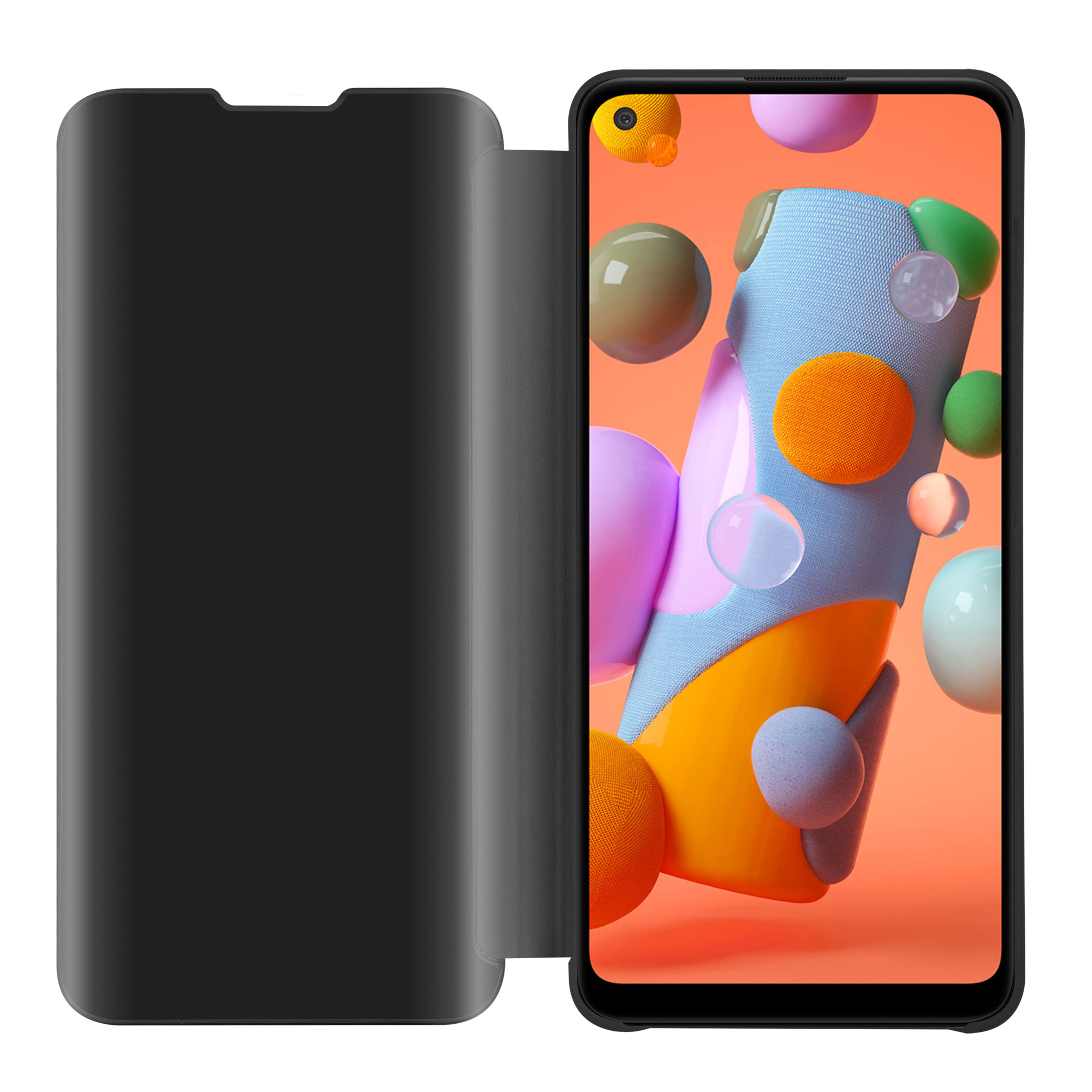 Custodia per telefono nera con telefono. Lo schermo mostra forme colorate. Sfondo arancione. Custodia a libro aperta.
