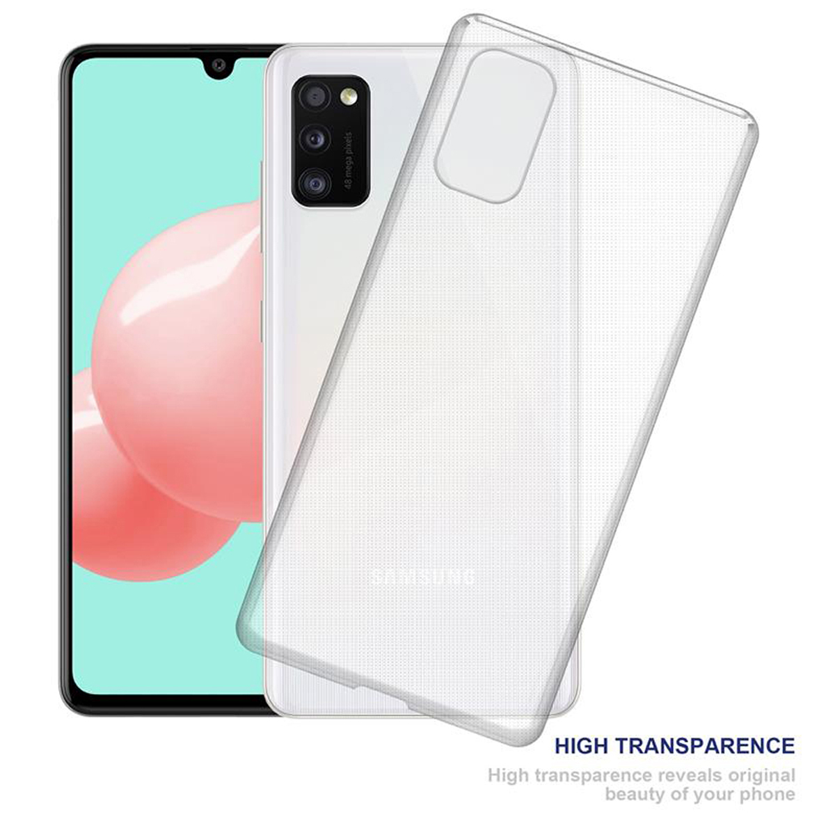 Un telefono bianco e una custodia trasparente. Il telefono ha uno schermo rosa e una custodia trasparente sovrapposta.
