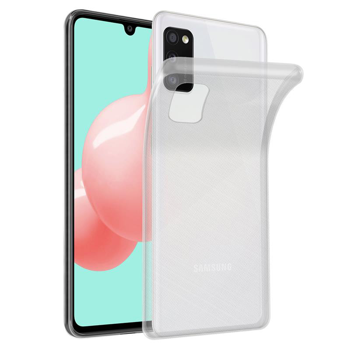 Un telefono con custodia trasparente, che mostra un telefono con sfondo rosa e una custodia bianca.