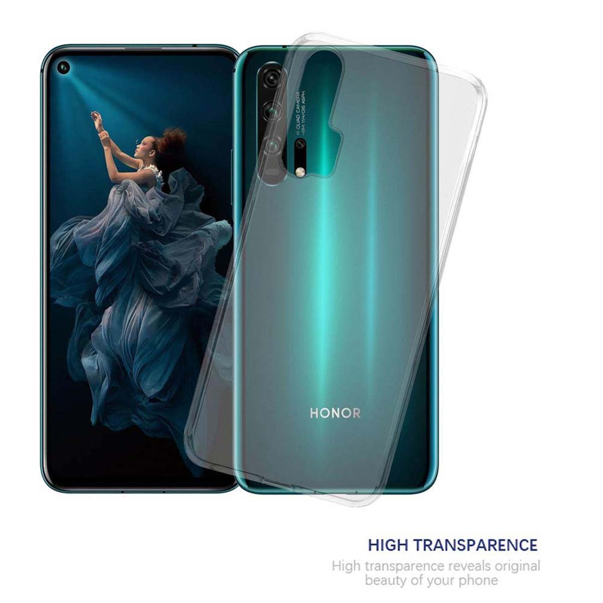 Telefon mit transparenter Hülle. Honor-Logo. Frau im Kleid auf dem Bildschirm. Text mit hoher Transparenz.
