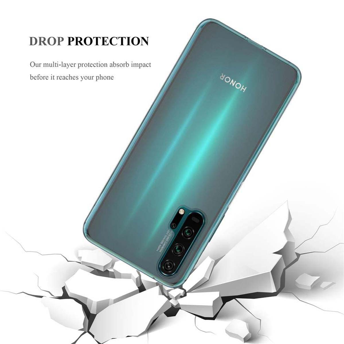 Grünes Telefon mit Hülle auf weißer Oberfläche mit Rissen. Sturzschutz wird beworben.