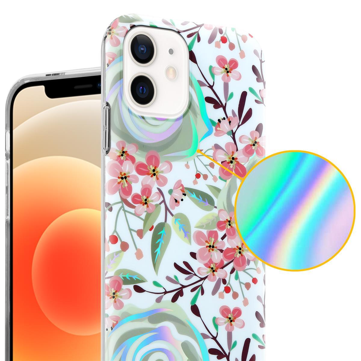 Custodia per telefono con motivo floreale e un cerchio dai colori arcobaleno.