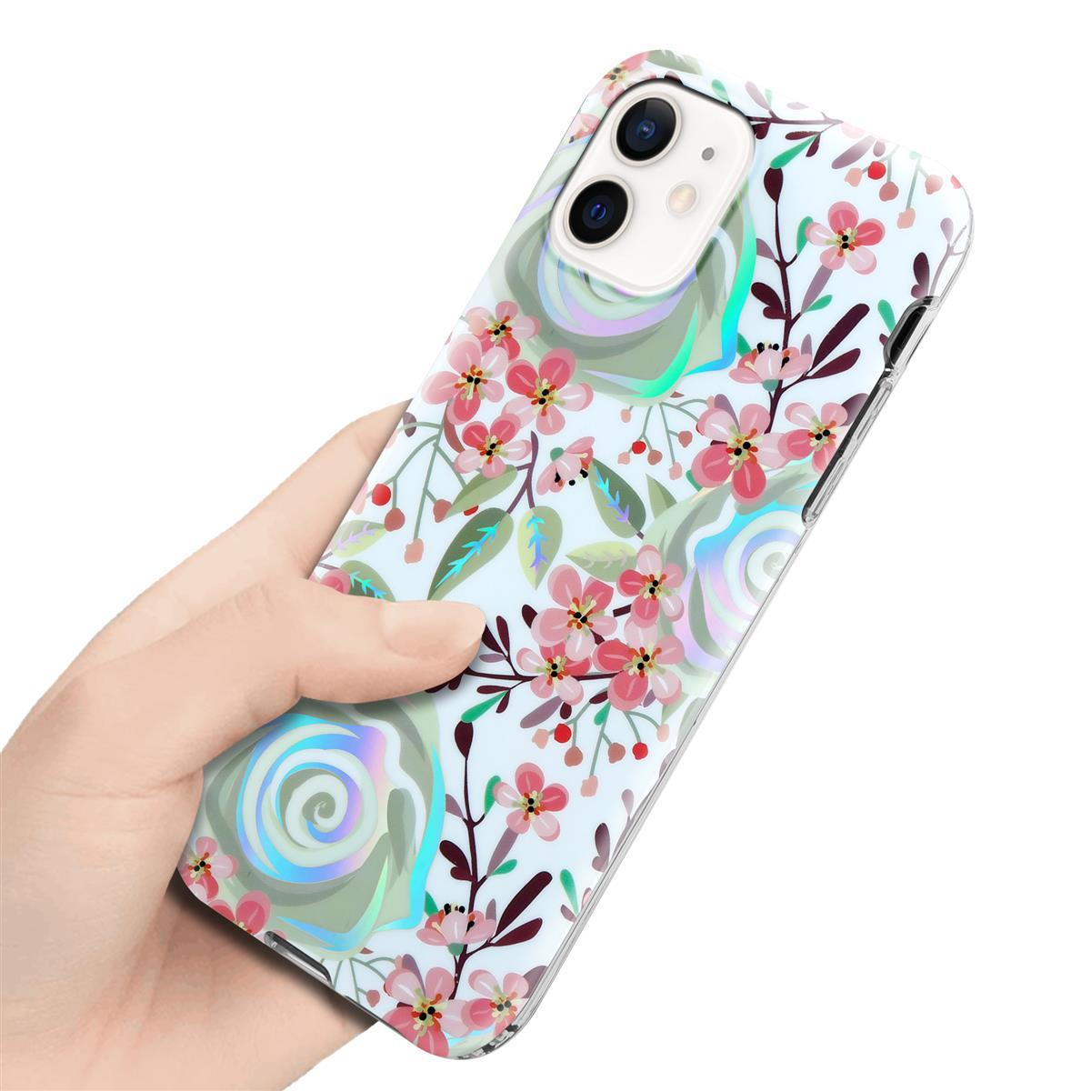 Mano che tiene una custodia per telefono a motivi floreali. Sono visibili fiori rosa e foglie verdi.