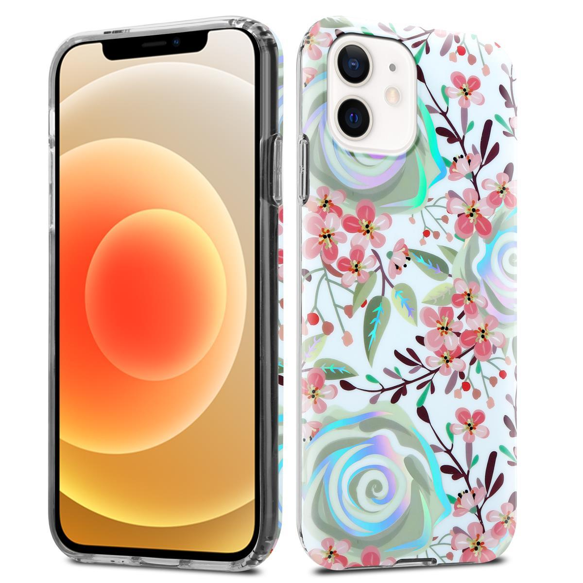 Due telefoni, uno con una custodia che mostra fiori rosa e foglie verdi, l'altro mostra lo schermo del telefono.