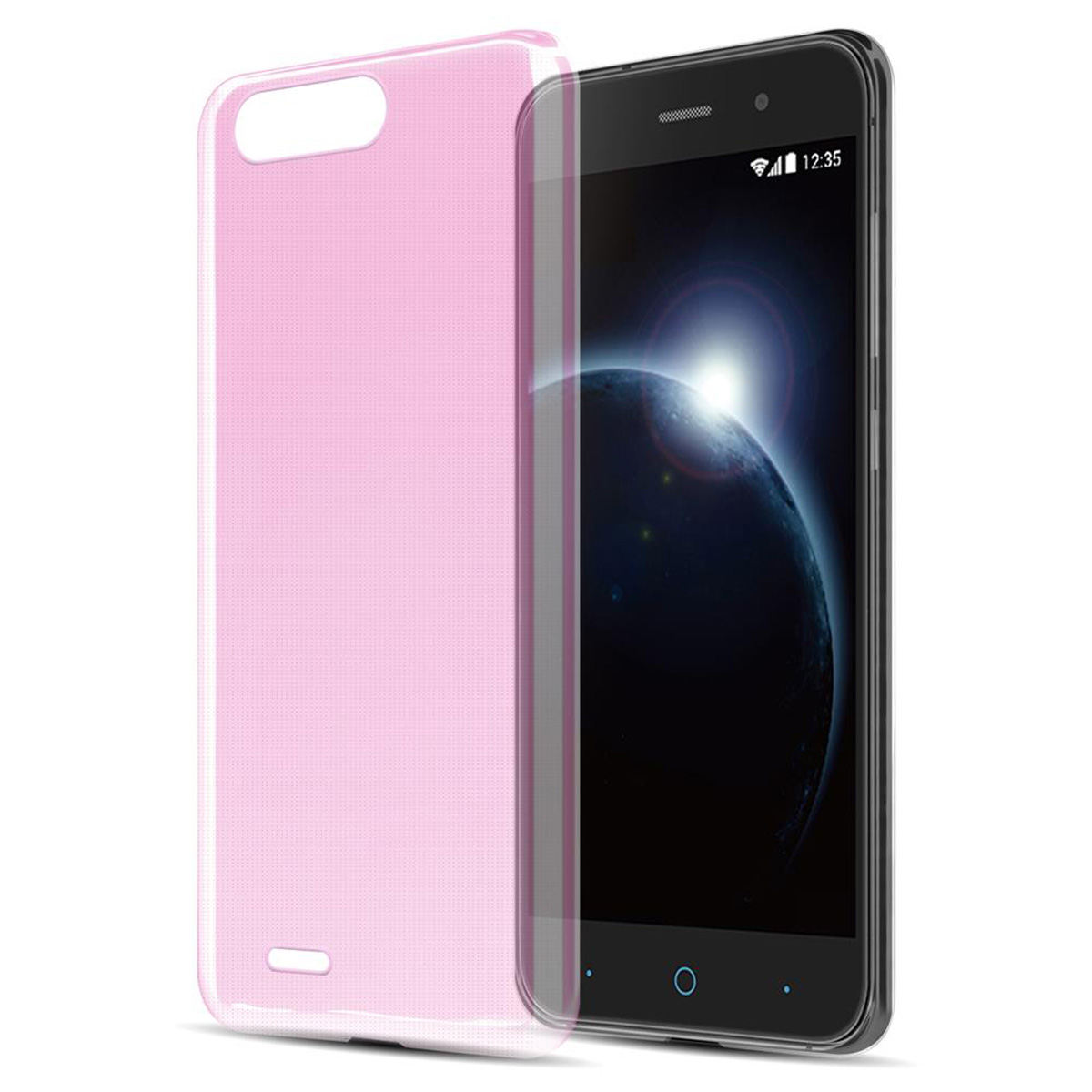 Funda rosa y teléfono con pantalla encendida. La funda es transparente.