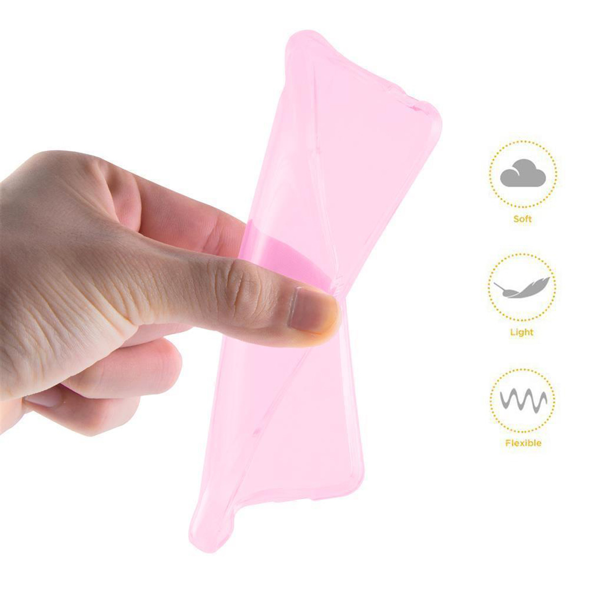 Una mano sosteniendo una funda de teléfono rosa y flexible. La funda es suave, ligera y flexible.