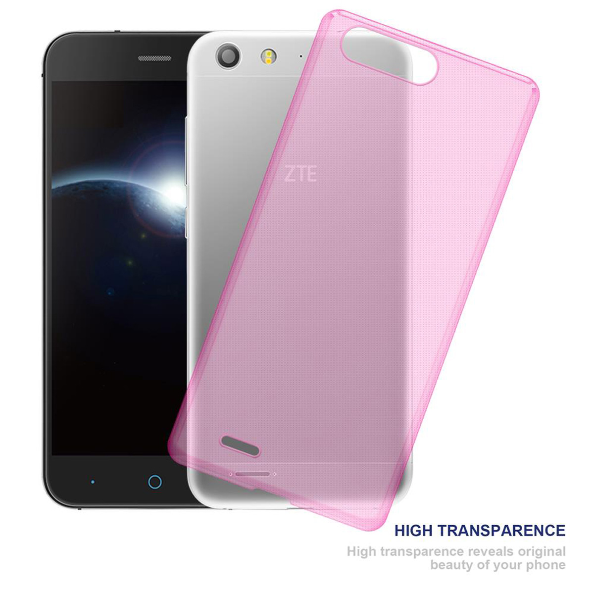 Tres teléfonos y una funda rosa transparente. Texto: Alta transparencia. Revela la belleza original.