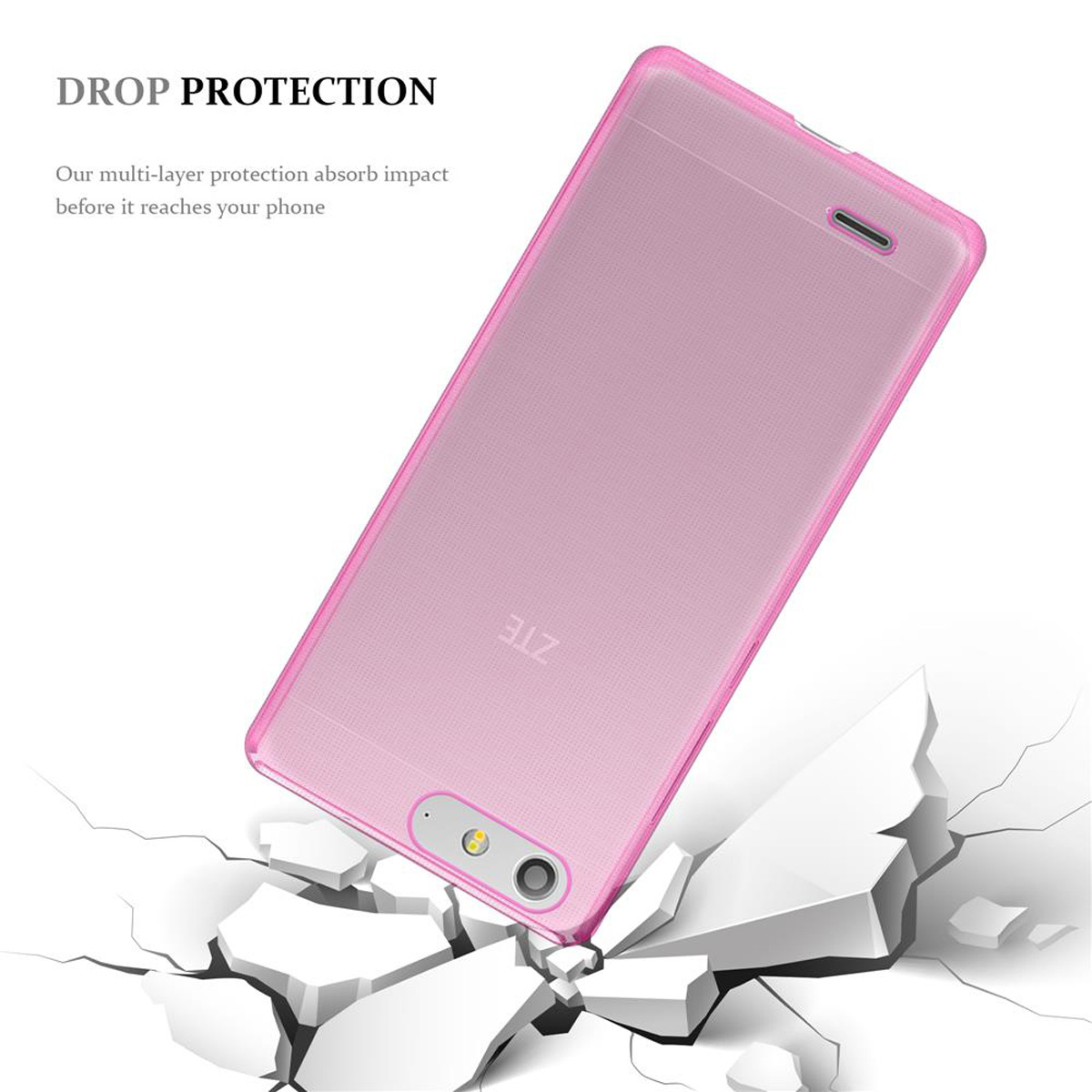 Funda rosa para teléfono en superficie blanca rota, texto: Protección contra caídas. Logotipo ZTE.