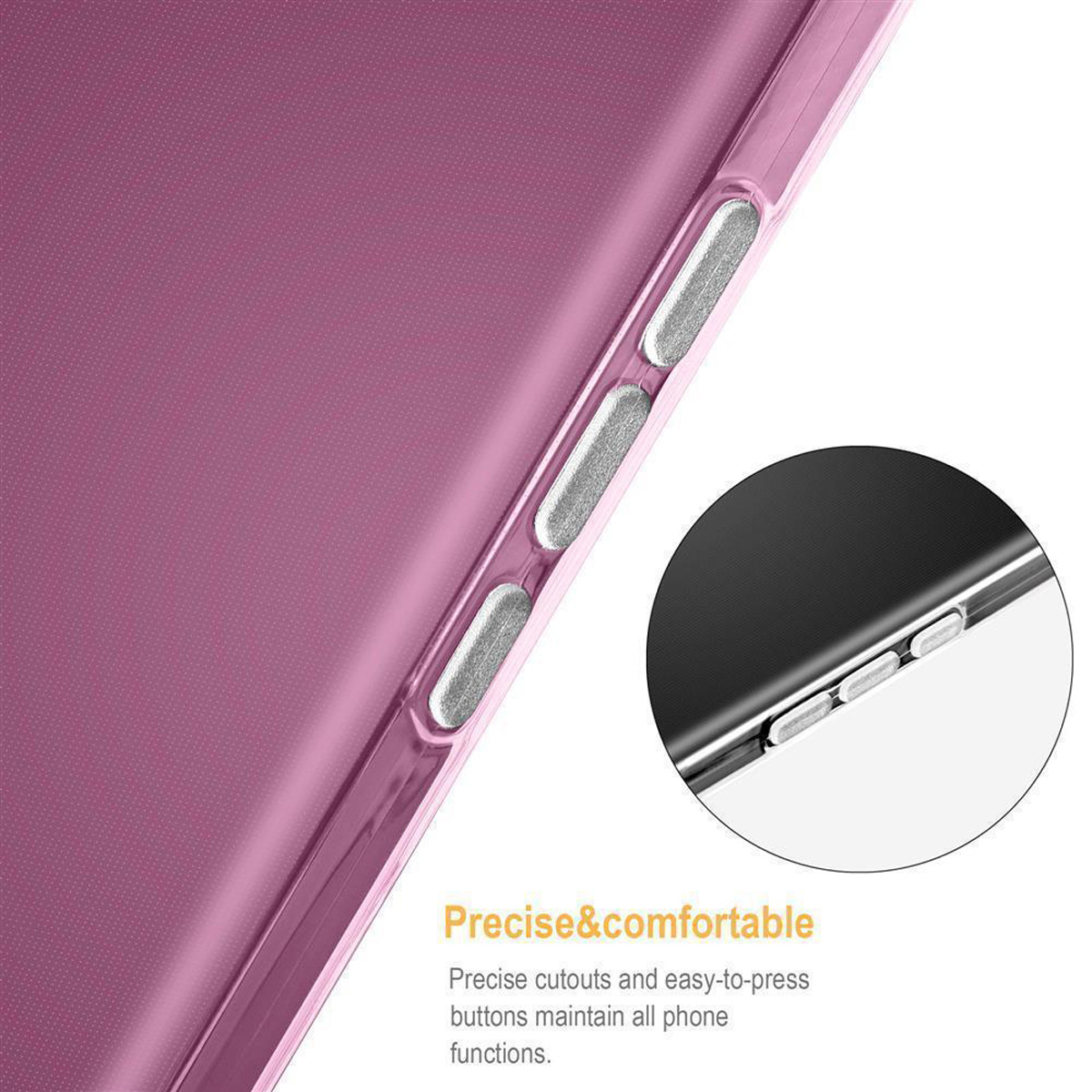 Vista de cerca de una funda de teléfono, los botones son visibles. El texto dice preciso y cómodo.