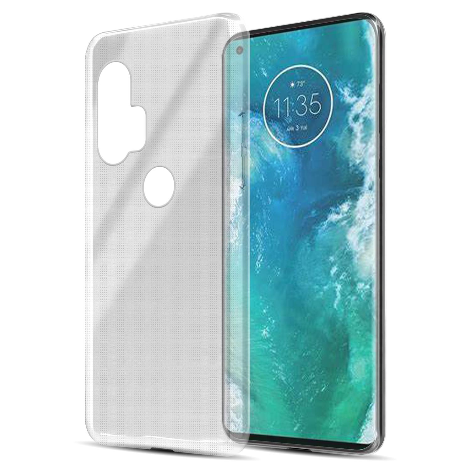 Telefono con custodia trasparente. Lo schermo mostra un paesaggio con acqua e cielo. La custodia è a sinistra.