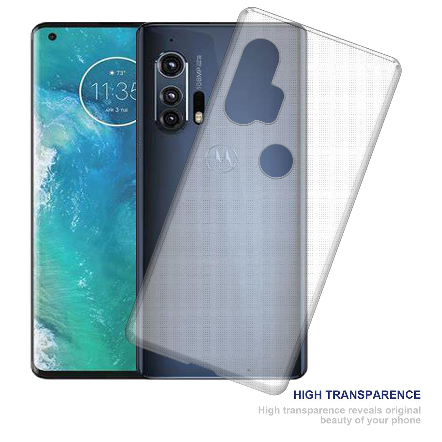 Un telefono con una custodia trasparente, con le parole "HIGH TRANSPARENCE" e un altro telefono dietro.
