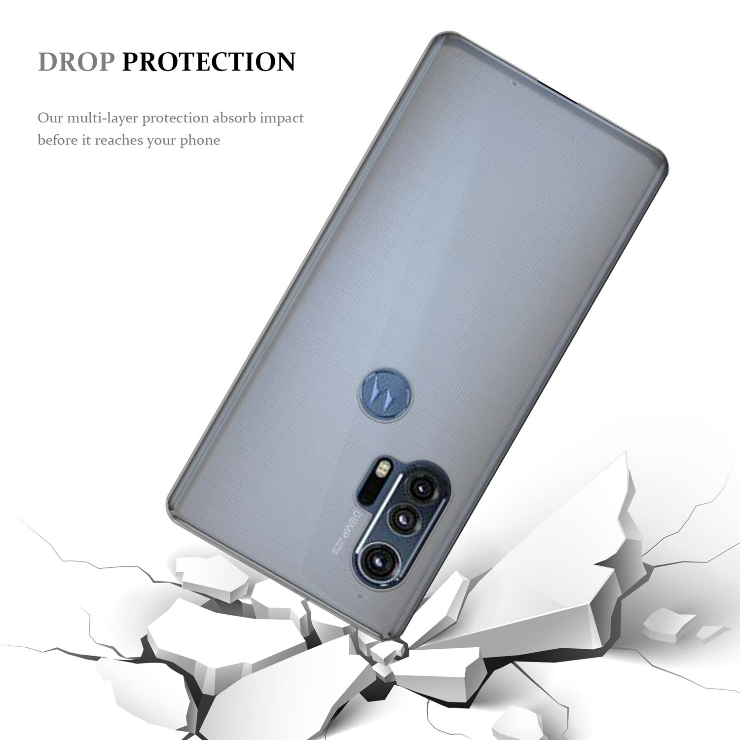 Custodia per telefono leggermente angolata. Terreno rotto sotto. Testo: Drop Protection. Custodia grigia.