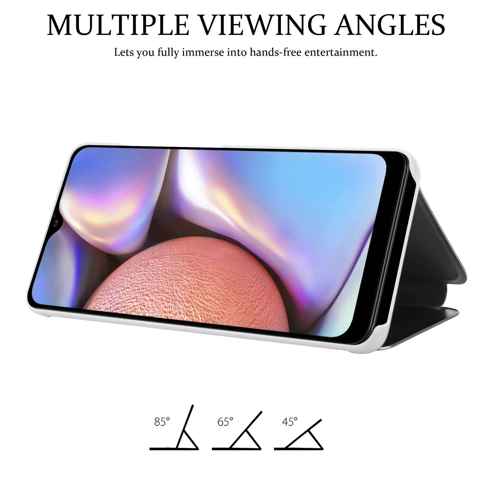 Telefon mit weißer Hülle hochgestellt. Das Display zeigt ein pfirsichfarbenes Bild mit schwarzem Rahmen. Winkel angezeigt.