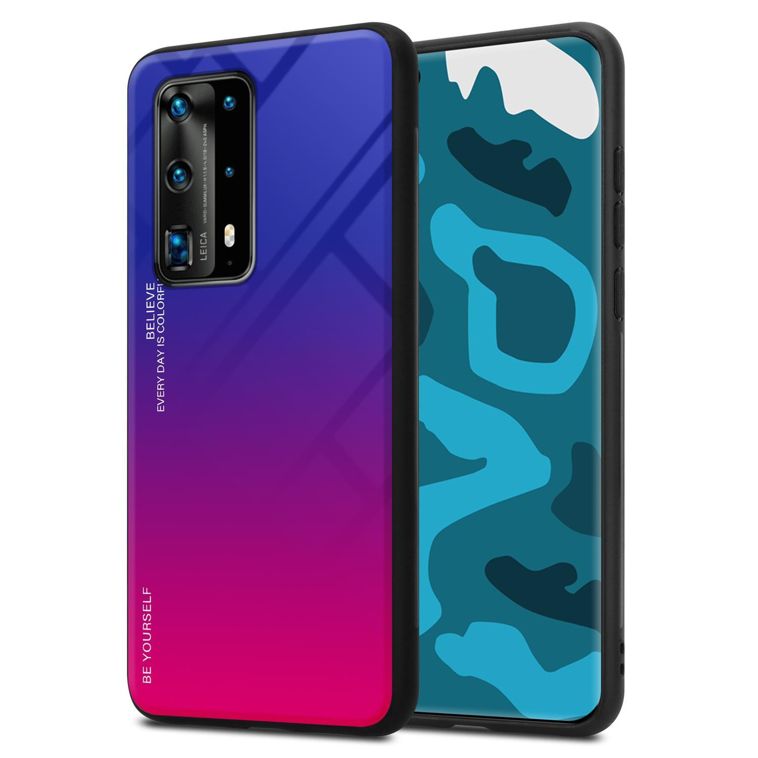 Telefono con custodia sfumata blu-rosa. Schermo mostra testo.