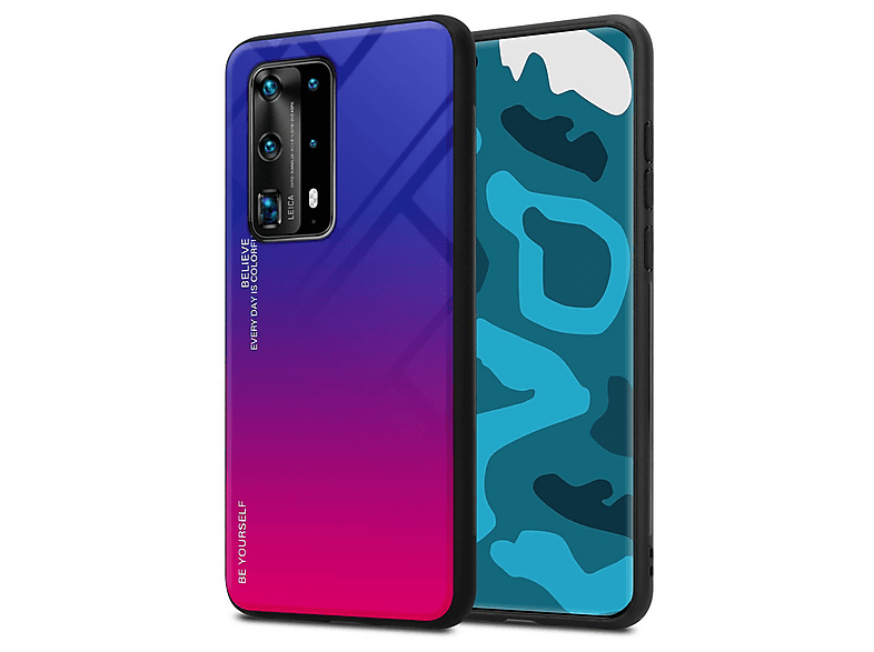 Cadorabo Funda Compatible Con Huawei P40 En Morado - ROJO - Funda Protectora Bicolor De Silicona TPU Y Parte Trasera De Vidrio Templado