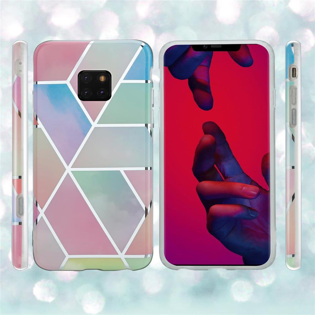 Custodie per telefono disposte. Una mostra un design geometrico colorato. Un'altra mostra mani che raggiungono.