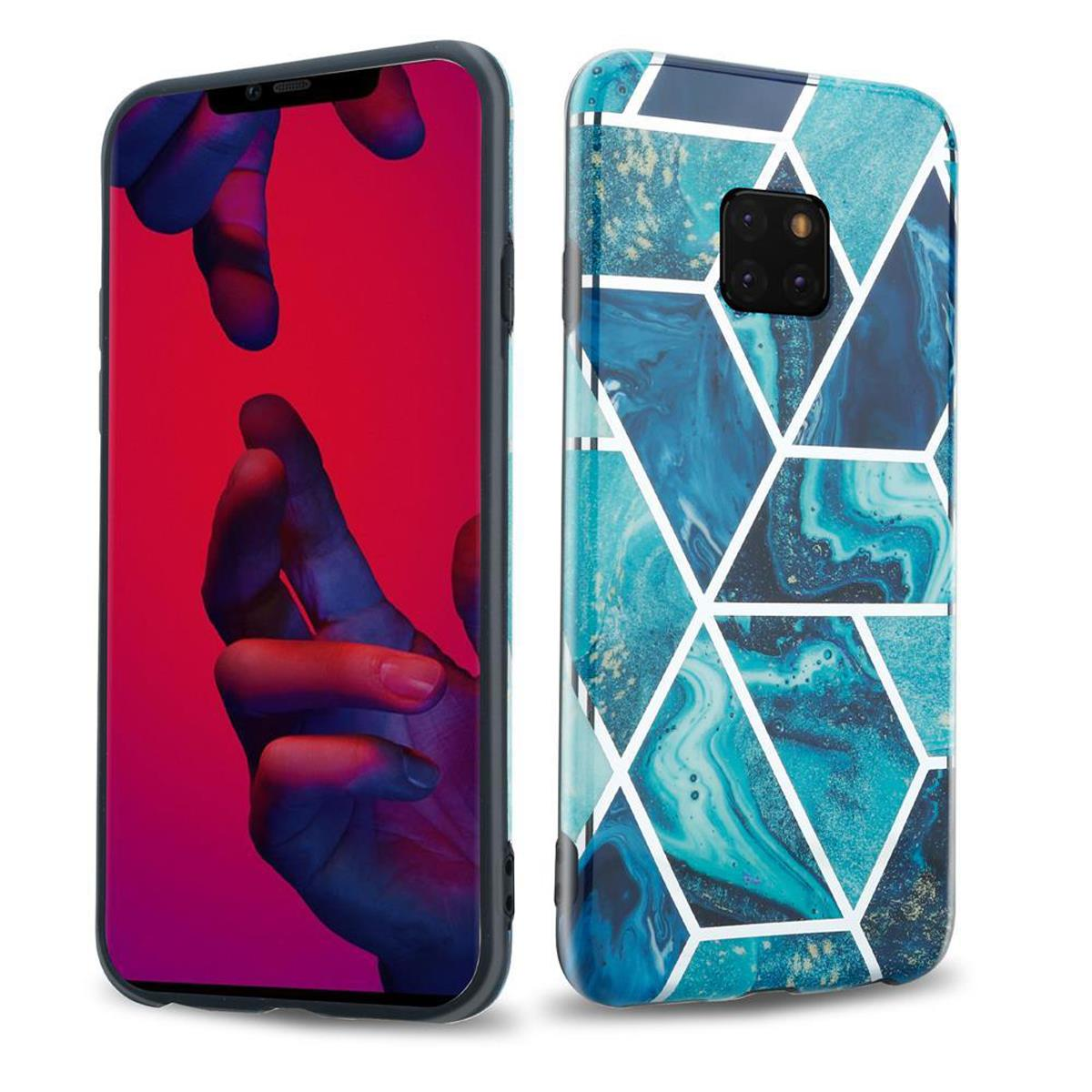 Un telefono con una custodia geometrica in marmo blu.