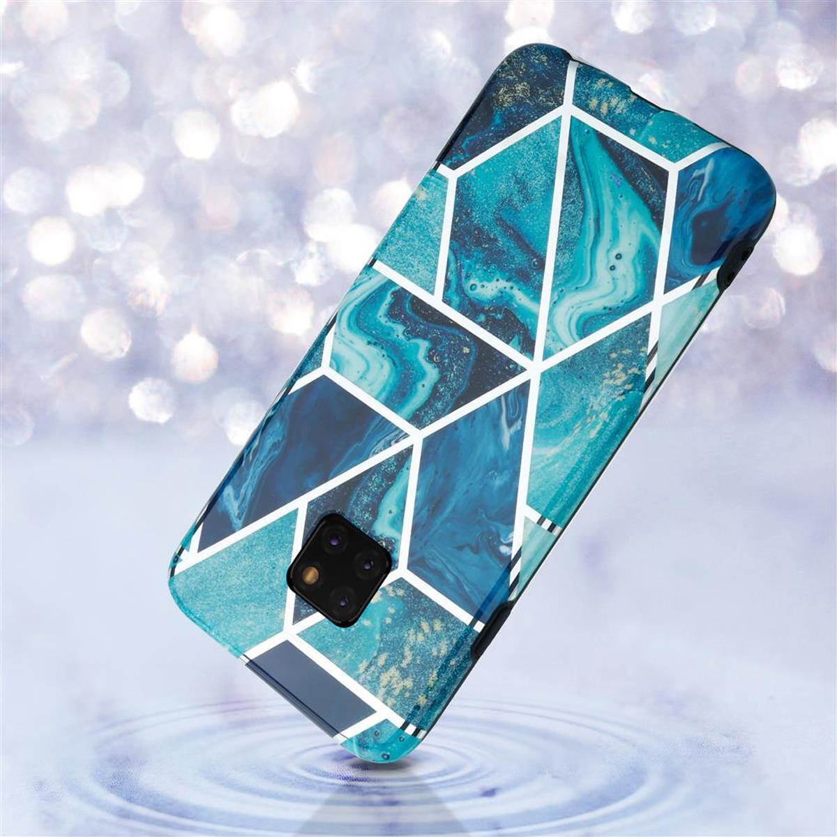 Custodia per telefono con design geometrico. La custodia è blu e ha una texture marmorea. Le linee bianche creano forme.