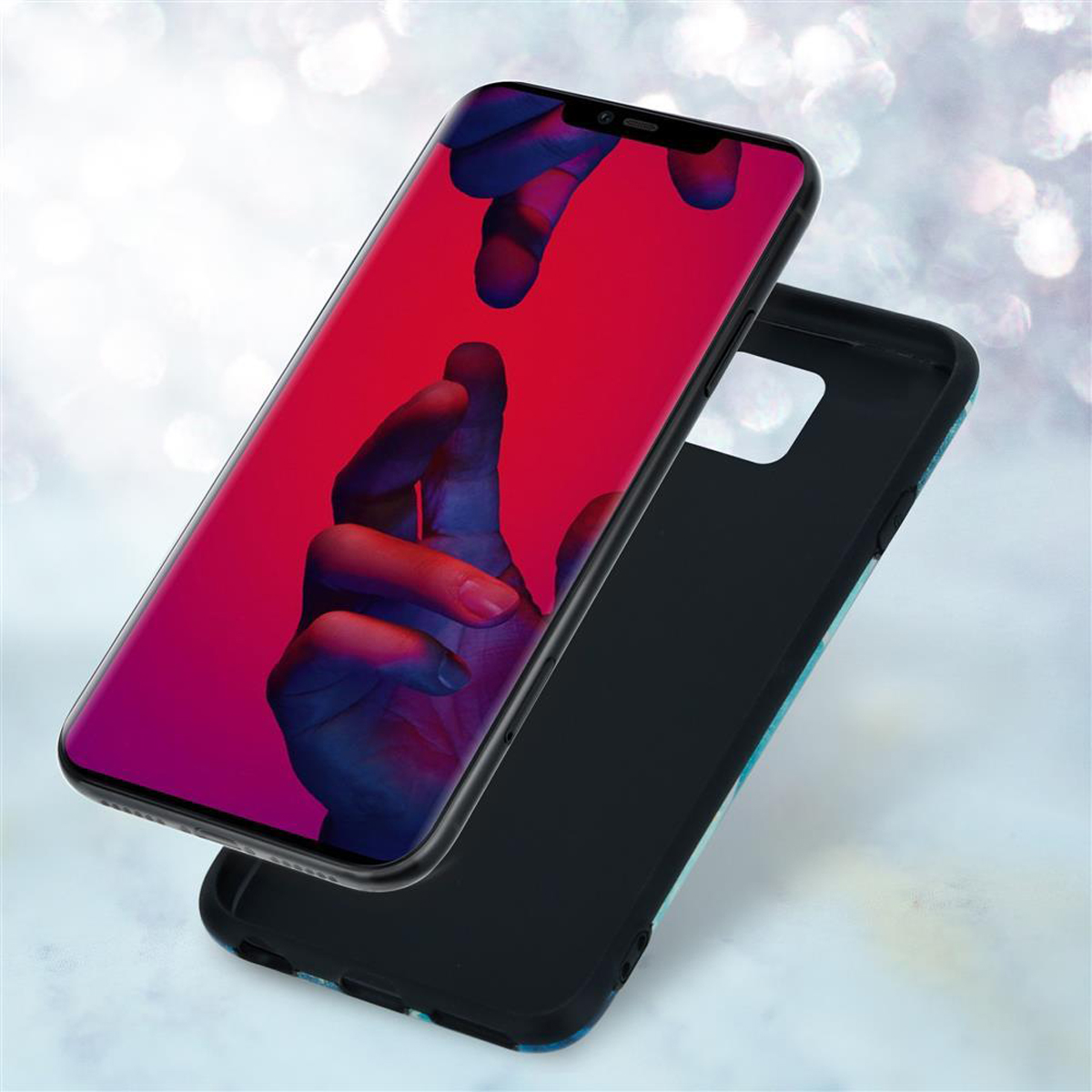 Telefono con custodia. Schermo con gradiente rosso e blu. Custodia blu. Sfondo sfocato.