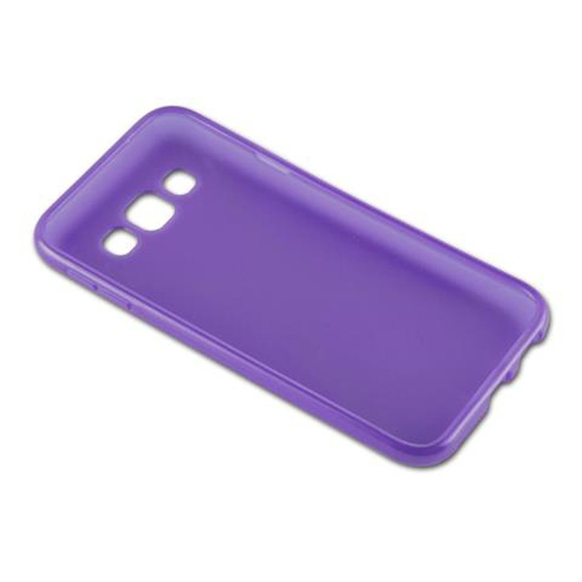 Funda de teléfono morada con recortes para cámara y botones, aislada sobre blanco.