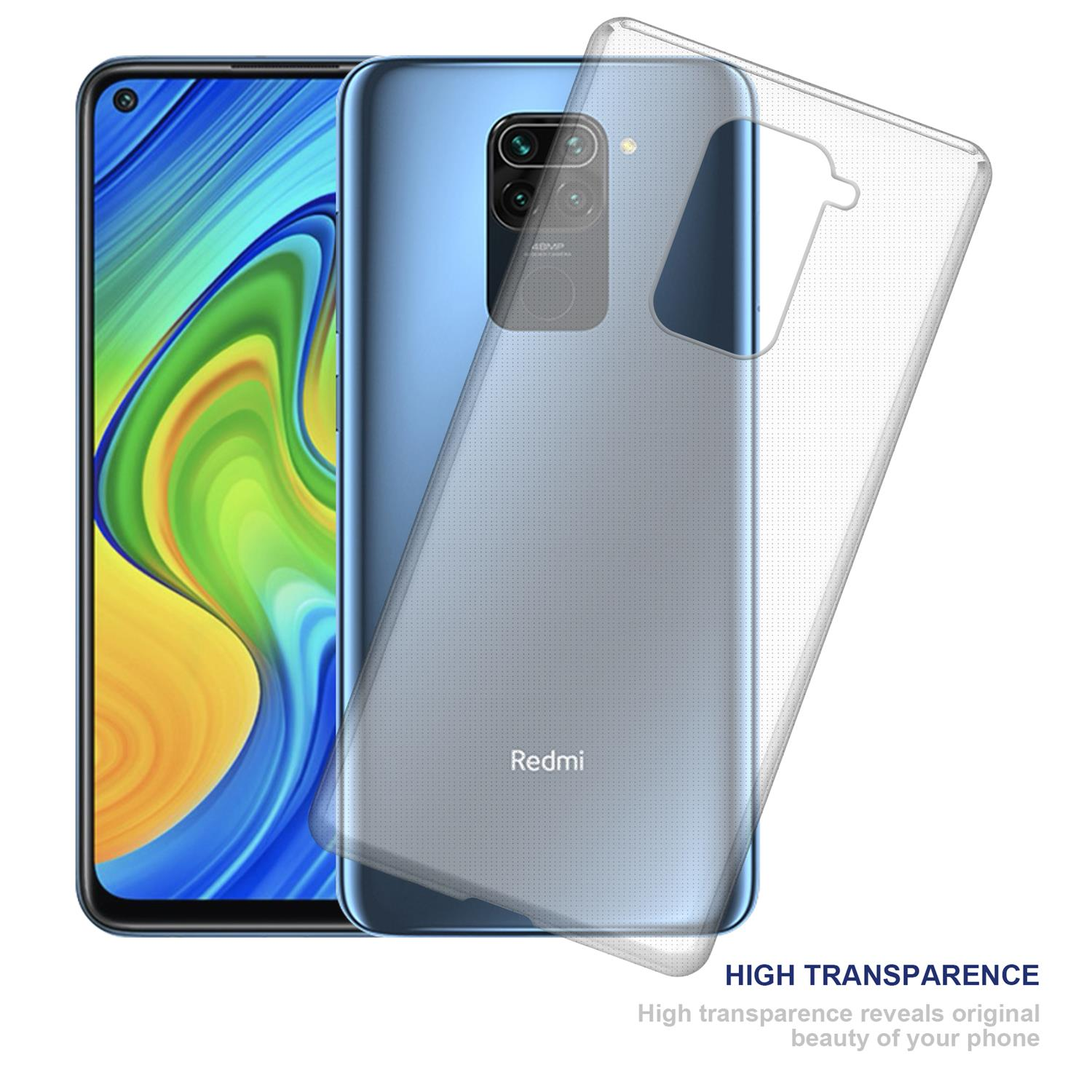 Ein blaues Telefon und eine transparente Handyhülle werden gezeigt. Die Hülle ist transparent.
