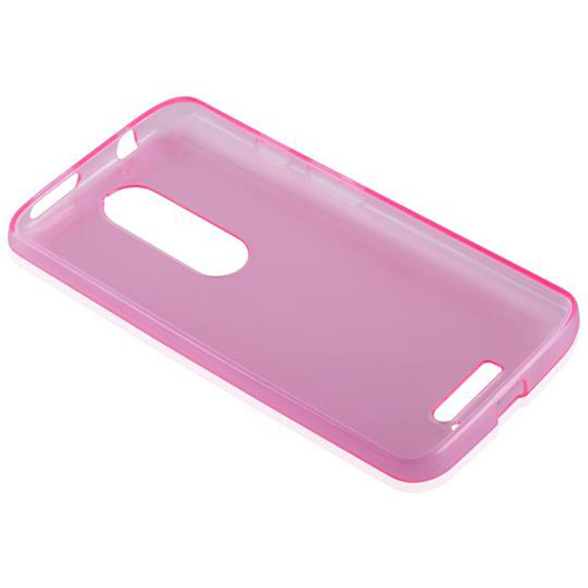 Una funda de teléfono rosa, vacía y abierta, vista desde un ángulo contra un fondo blanco.