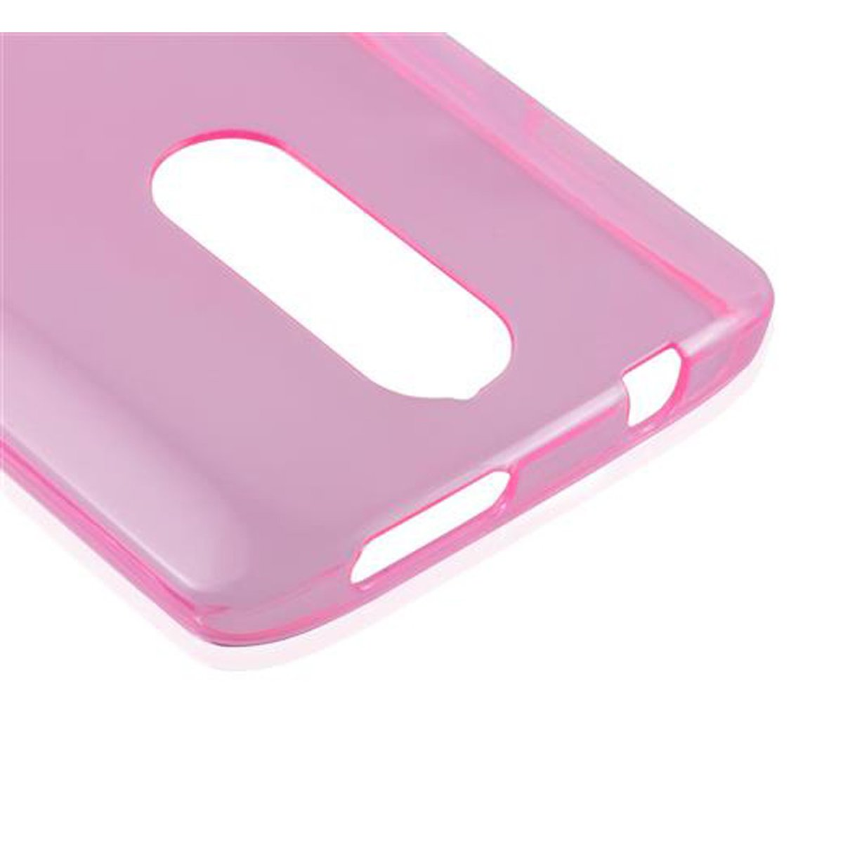 Funda rosa para teléfono. La funda es transparente y tiene recortes para las funciones del teléfono.