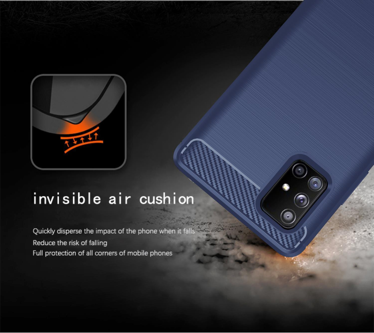 Custodia blu e telefono insieme. Protezione a cuscino d'aria invisibile sul telefono.