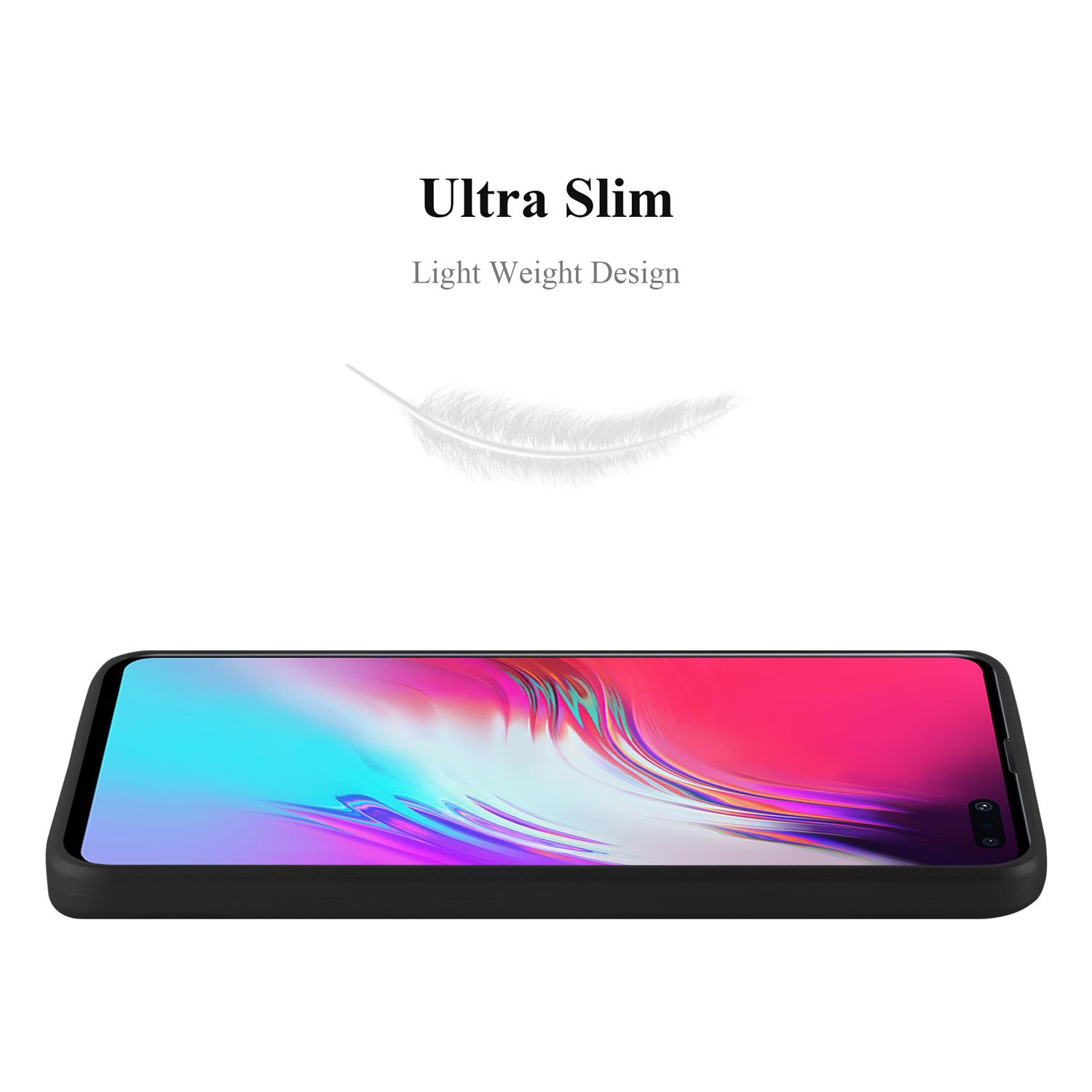Una custodia nera con un telefono all'interno, su sfondo bianco. Il testo recita "Ultra Slim".