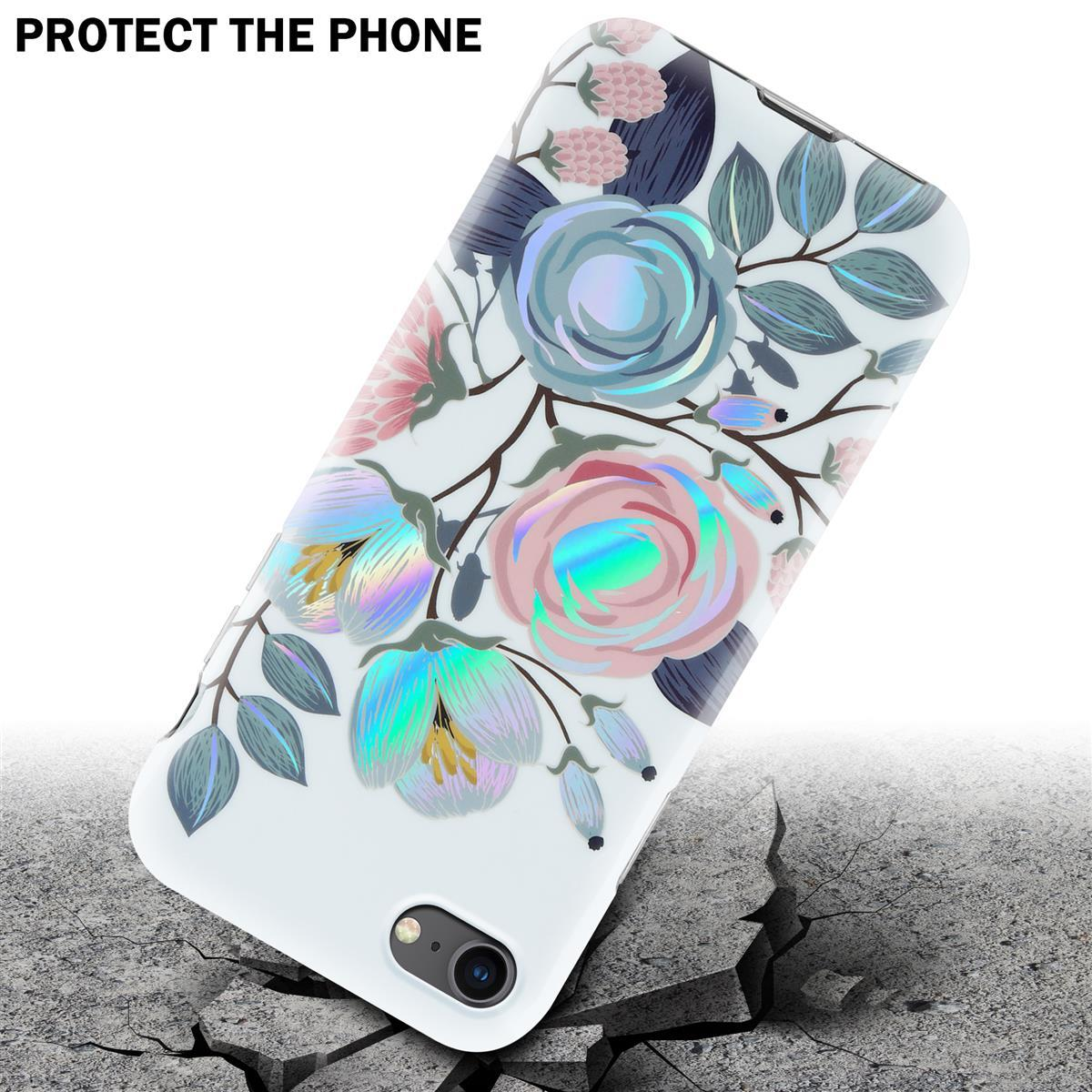 Una custodia per telefono con un design floreale è su una superficie incrinata. Il testo dice proteggi il telefono.