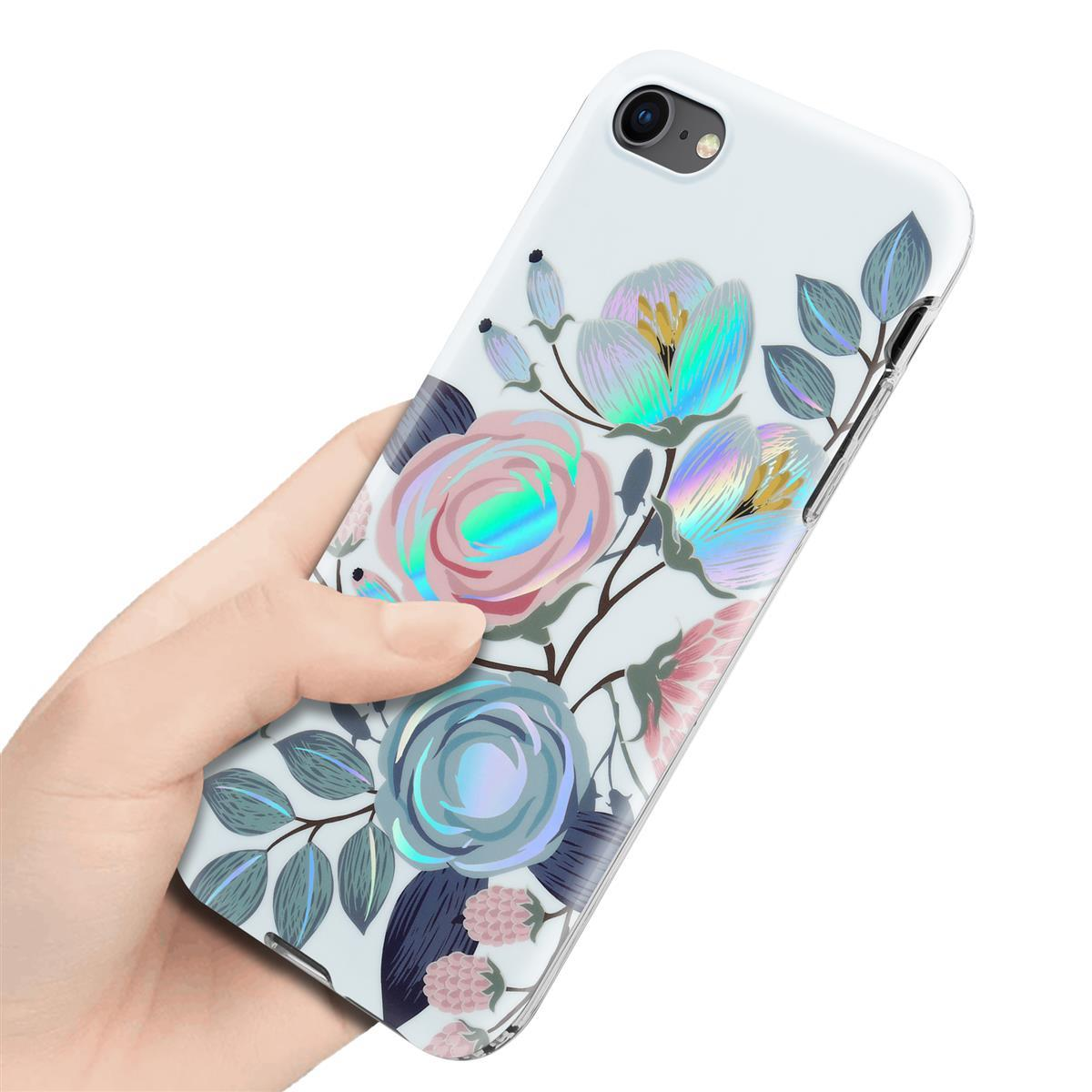 Custodia per telefono con design floreale. Una mano tiene la custodia.