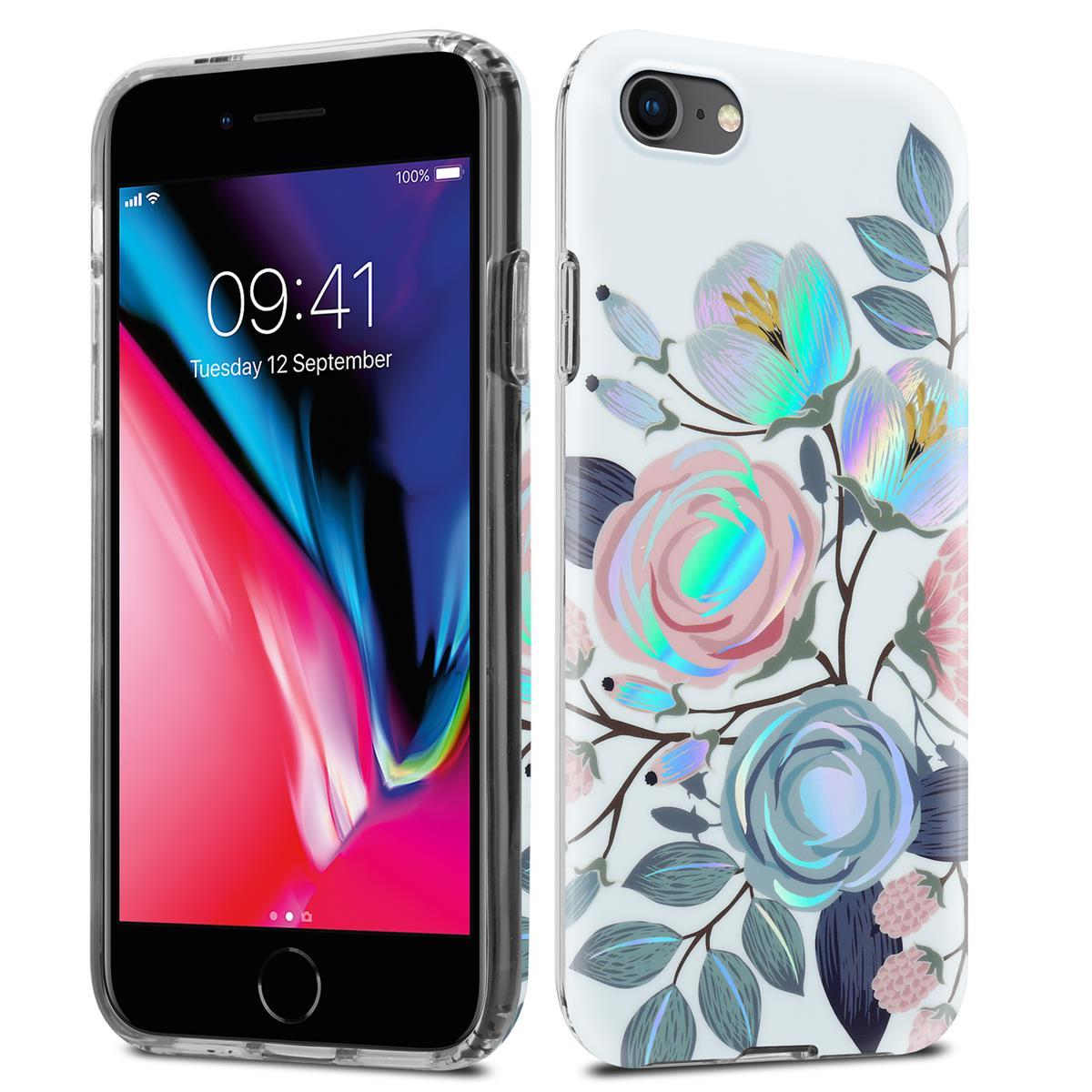 Due telefoni con custodie, uno ha dei fiori.