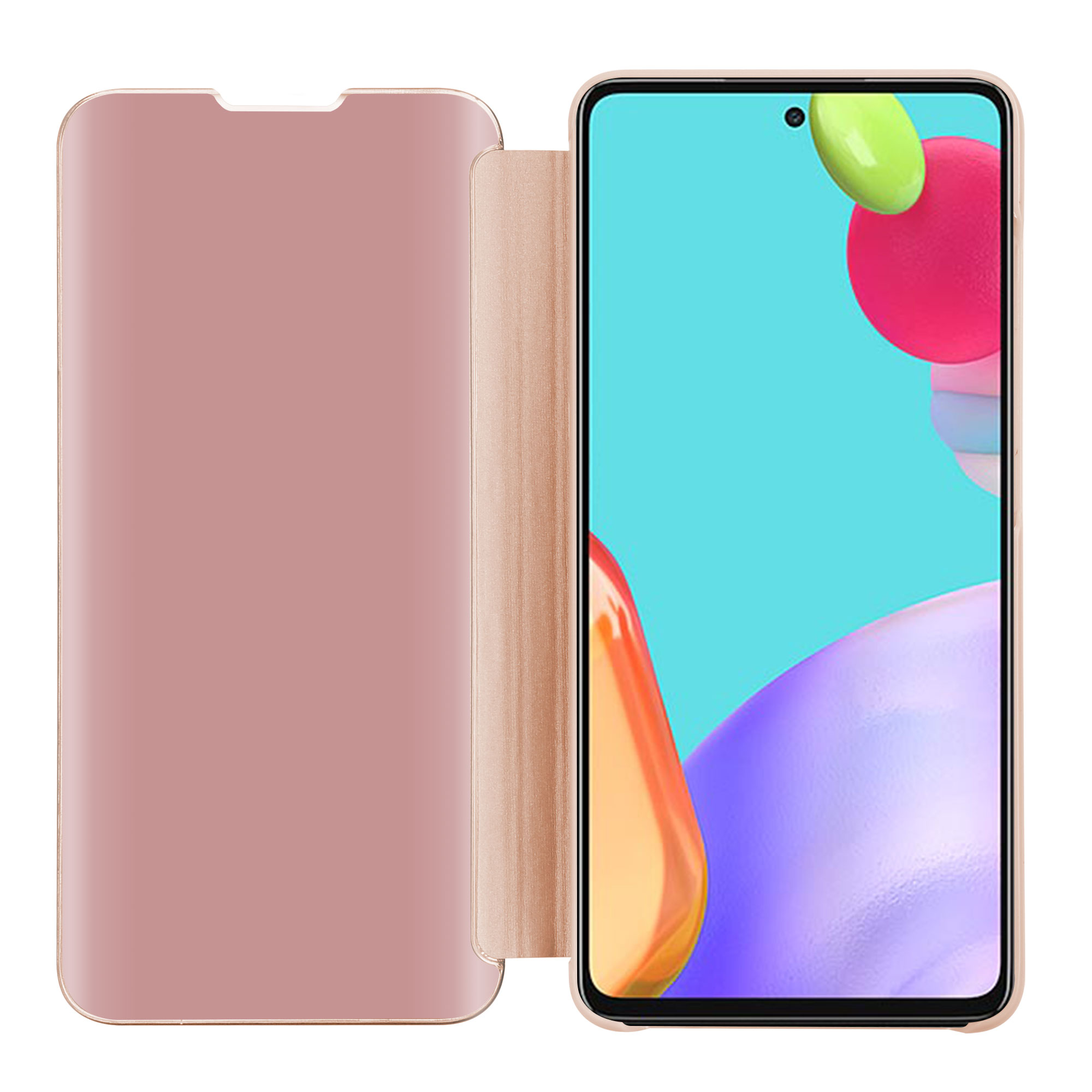 Telefono in una custodia. La custodia è oro rosa ed è aperta. Lo schermo mostra uno sfondo colorato.