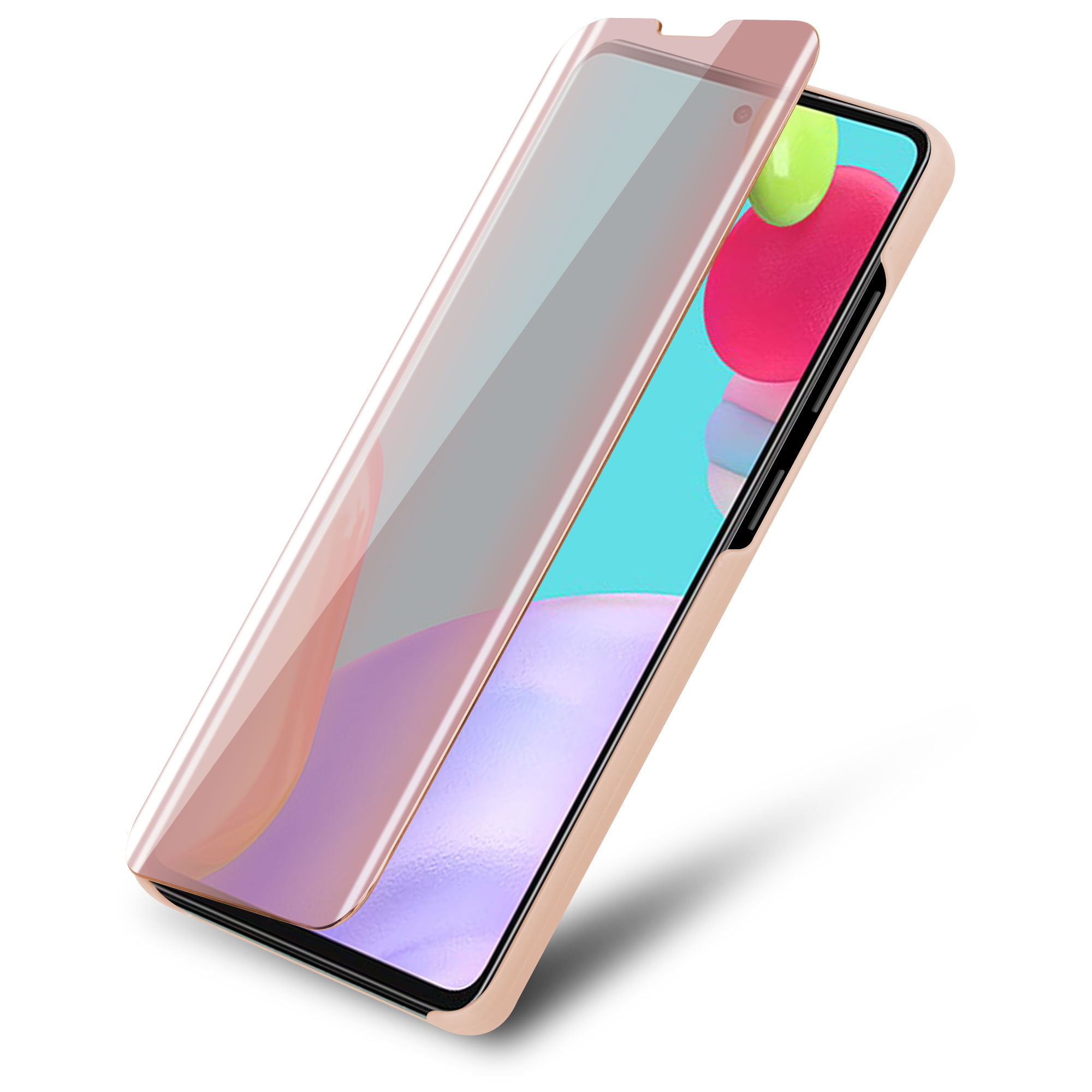 Un telefono oro rosa con una protezione per lo schermo è mostrato. La protezione è parzialmente sollevata, rivelando lo schermo.