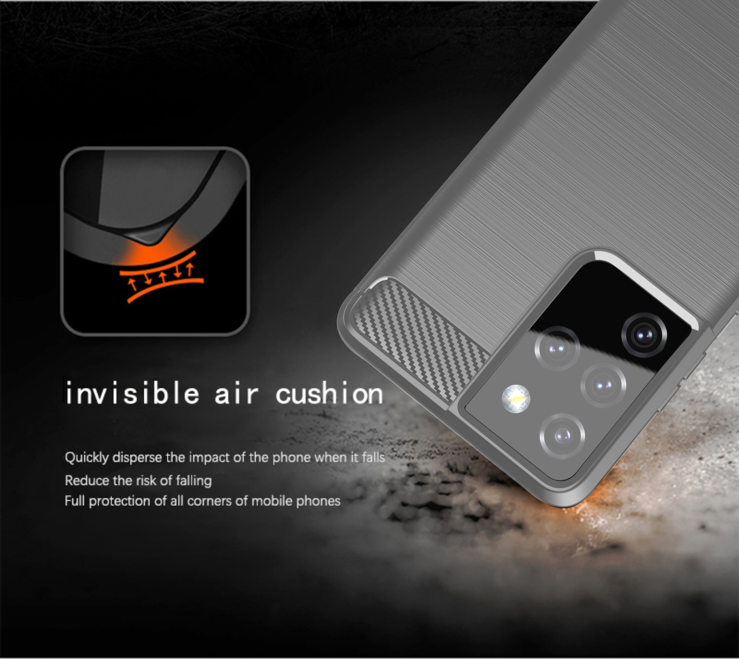 Primo piano di una custodia per telefono con un design strutturato. Il testo descrive un 'cuscino d'aria invisibile'.